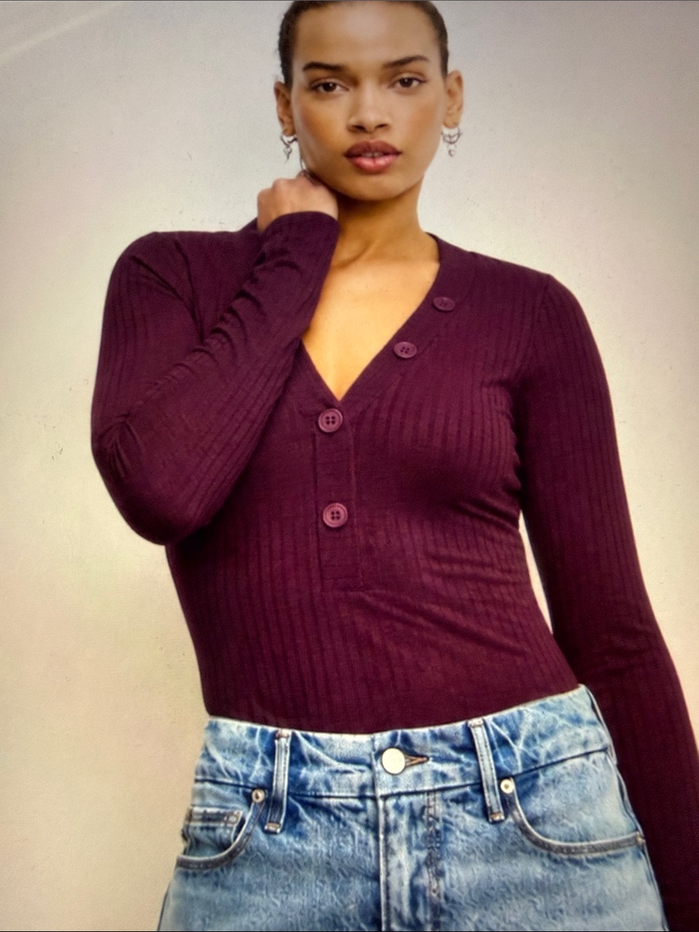Good American Ribbed V-Neck Henley Long Sleeve Bodysuit NWT